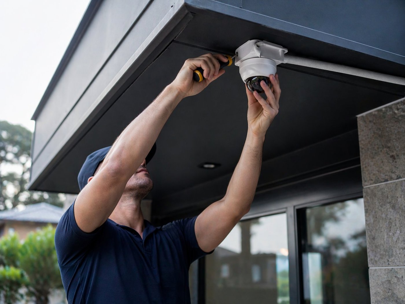 NineTech technician installing a dome security camera on a modern home